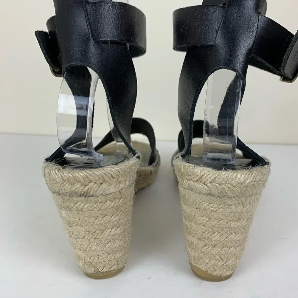 J Crew Black Leather Corsica‎ Ankle Strap Peep-Toe Espadrilles Sz 11